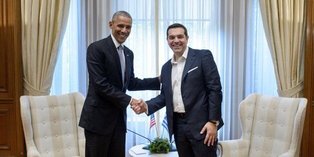 Greek Prime Minister Alexis Tsipras (R) shakes hands with US President Barack Obama prior to their meeting at the Maximos Mansion on November 15, 2016 in Athens.Speaking in Athens on the first leg of his last foreign trip as leader, Obama stressed that a strong Europe was 'good for the world and the US', after Trump appeared to downplay the importance of historic transatlantic ties. / AFP / Brendan Smialowski (Photo credit should read BRENDAN SMIALOWSKI/AFP/Getty Images)