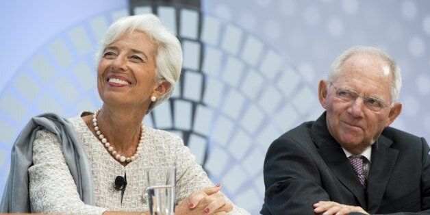 German Finance Minister Wolfgang Schauble and IMF Managing Director Christine Lagarde participate during a CNN Debate on the Global Economy at the 2016 Annual Meetings of the International Monetary Fund and the World Bank Group at the IMF Headquarters in Washington, DC, October 6, 2016. / AFP / SAUL LOEB (Photo credit should read SAUL LOEB/AFP/Getty Images)