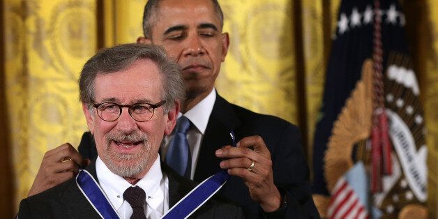 WASHINGTON, DC - NOVEMBER 24: U.S. President Barack Obama (R) presents the Presidential Medal of Freedom to filmmaker Steven Spielberg (L) during an East Room ceremony November 24, 2015 at the White House in Washington, DC. Seventeen recipients were awarded with the nationÃs highest civilian honor. (Photo by Alex Wong/Getty Images)