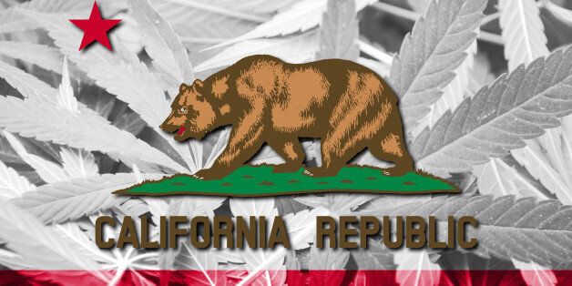 California State Flag on cannabis background. Drug policy. Legalization of marijuana