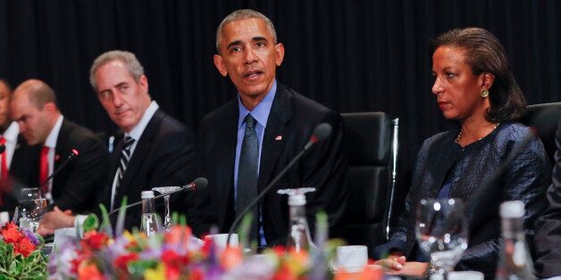 U.S. President Barack Obama speaks during a meeting with China's President Xi Jingping during the Asia-Pacific Economic Cooperation (APEC) in Lima, Peru, Saturday, Nov. 19, 2016. Sitting with Obama are from l-r., Deputy National Security Adviser For Strategic Communications Ben Rhodes, Ambassador Michael Froman, United States Trade Representative, and National Security Adviser Susan Rice. (AP Photo/Pablo Martinez Monsivais)