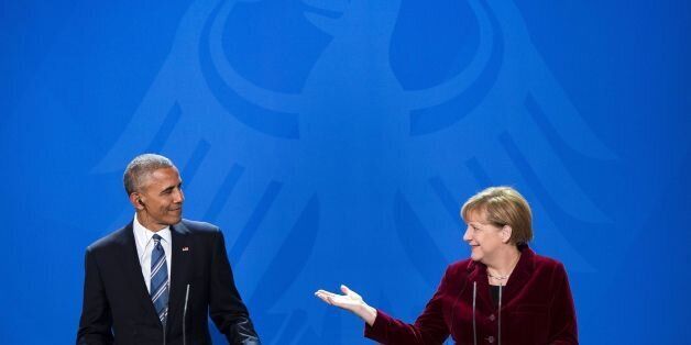 US President Barack Obama and German Chancellor Angela Merkel addresses a press conference after their meeting at the chancellery in Berlin on November 17, 2016.US President Barack Obama pays a farewell visit to German Chancellor Angela Merkel, seen by some as the new standard bearer of liberal democracy since the election of Donald Trump. / AFP / Brendan Smialowski (Photo credit should read BRENDAN SMIALOWSKI/AFP/Getty Images)