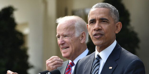 US President Barack Obama (R) together with Vice President Joe Biden (L) addresses the nation publicly for the first time since the shock election of Donald Trump as his successor, on November 9, 2016 at the White House in Washnigton, D.C.Throughout the two-year-long election campaign, Obama has repeated a mantra that he will do all he can to ensure the peaceful transition of power. / AFP / Nicholas Kamm (Photo credit should read NICHOLAS KAMM/AFP/Getty Images)