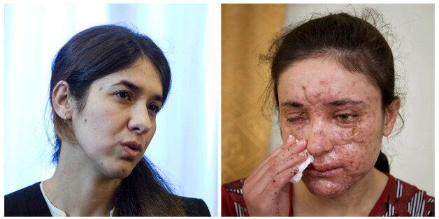 COMBO - this combination of two file photos shows Iraqi Yazidis Nadia Murad Basee, left, and Lamiya Aji Bashar, right, who survived sexual enslavement by the Islamic State before escaping and becoming advocates for their people who have won the EU's Sakharov Prize for human rights on Thursday, Oct. 27, 2016. Guy Verhofstadt, the leader of the Liberal ALDE group, says Nadia Murad Basee and Lamiya Aji Bashar were
