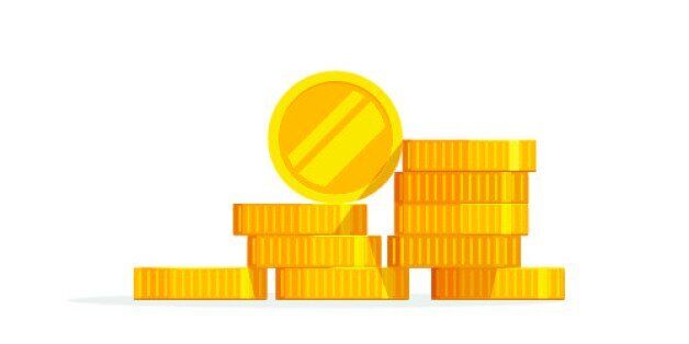 Coins stack vector illustration, coins icon flat, coins pile, coins money, one golden coin standing on stacked gold coins modern design isolated on white background