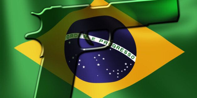 Brazil flag with a hand gun graphic.