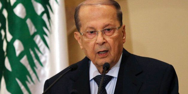 Christian leader Michel Aoun speaks to journalists after former Lebanese Prime Minister Saad Hariri endorsed him for Lebanese president, in Beirut, Lebanon, Thursday, Oct. 20, 2016. Former Lebanese Prime Minister Saad Hariri, who heads the largest bloc in parliament, on Thursday formally endorsed a leading Christian politician and strong ally of the Hezbollah group to become the next president in what many hope wil end a 29-month presidential vacuum. (AP Photo/Hussein Malla)