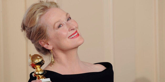 Meryl Streep poses with the award for best actress in a motion picture, comedy or musical for âJulie and Juliaâ backstage at the 67th Annual Golden Globe Awards on Sunday, Jan. 17, 2010, in Beverly Hills, Calif. (AP Photo/Mark J. Terrill)