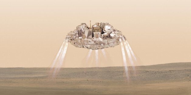 This artist impression provided by the European Space Agency, ESA, shows the Schiaparelli module with thrusters firing. On Wednesday Oct. 19, 2016 Schiaparelli will enter the martian atmosphere at an altitude of about 121 km and a speed of nearly 21 000 km/h. Less than six minutes later it will have landed on Mars. The probe will take images of Mars and conduct scientific measurements on the surface, but its main purpose is to test technology for a future European Mars rover. Schiaparelli's mother ship ,TGO, will remain in orbit to analyze gases in the Martian atmosphere to help answer whether there is or was life on Mars. (ESA/ATG-medialab via AP)