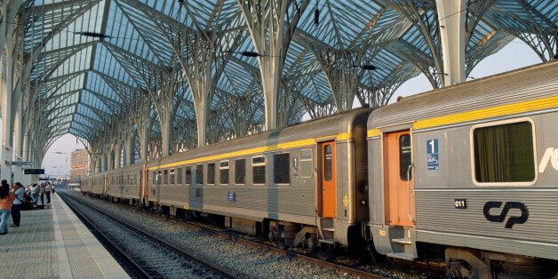 Train at the Lisbon Orient Station (Gare do Oriente), in 1998, designed by Santiago Calatrava Valls (1951-), Historical Province of Extremadura, Lisbon, Portugal.