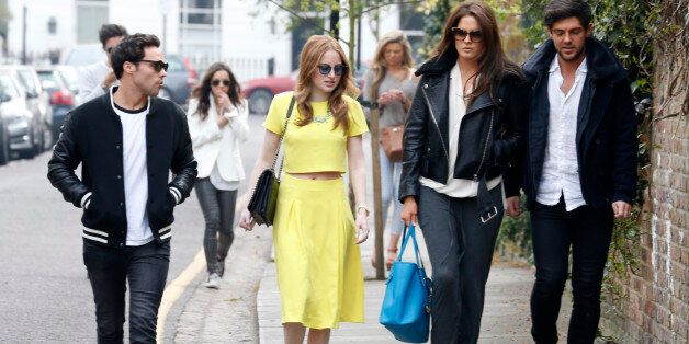 LONDON, UNITED KINGDOM - APRIL 02: Andy Jordan, Rosie Fortescue, Alexandra Felstead and Alex Mytton seen filming for Made In Chelsea at The Phene on April 2, 2014 in London, England. (Photo by Tom Phelan/GC Images)