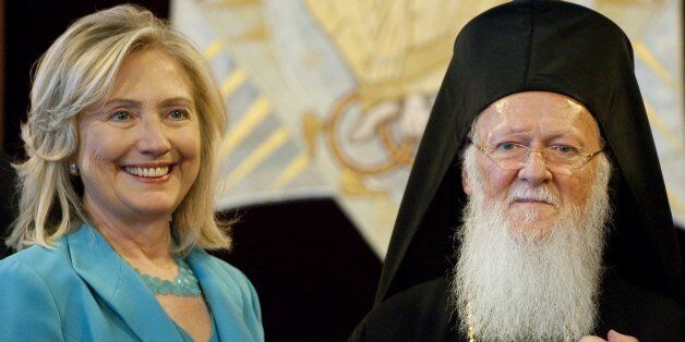 Ecumenical Patriarch Bartholomew and US Secretary of State Hillary Clinton attend meetings at the Patriarchy in Istanbul, on Saturday July 16, 2011. Clinton said Saturday that the United States was troubled by Turkey's arrests of dozens of journalists, calling the moves inconsistent with the economic and political progress the moderate Muslim nation has made. (AP Photo / Saul Loeb)