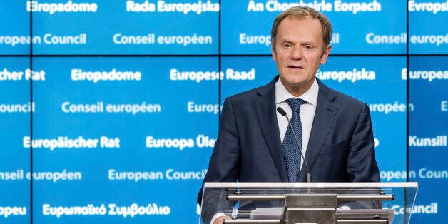 European Council President Donald Tusk addresses the media after the first day of an EU summit in Brussels early Friday, Oct. 21, 2016. European Union leaders pledged early Friday to keep all options open to respond to any atrocities committed by President Bashar Assad's regime and his Russian backers in Syria but stopped short of threatening to impose sanctions. (AP Photo/Geert Vanden Wijngaert)