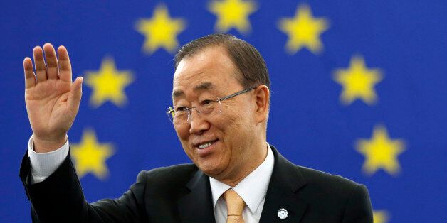 UN Secretary General Ban Ki-moon waves before addressing members of the European Parliament in Strasbourg, eastern France, Tuesday, Oct. 4, 2016. U.N. Secretary-General Ban Ki-moon spoke to the European Parliament ahead of a historic vote on the Paris climate accord. Final support from Europe will give the pact sufficient global support for it to enter into force around the world. (AP Photo/Jean-Francois Badias)