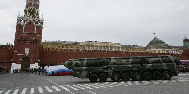 MOSCOW - RUSSIA - MAY 6: Russian nuclear powered missile Topol M rolls along the Red Square during the general rehearsal of the Victory Day parade May 06, 2010 in Moscow, Russia. The parade celebrating the 65th anniversary of the victory over Nazi Germany is scheduled on May 09 on the Red Square in Moscow. (Photo by Konstantin Zavrazhin/Getty Images)