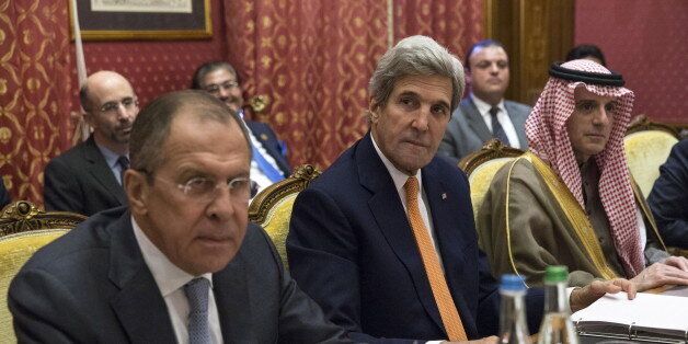 LAUSANNE, SWITZERLAND - OCTOBER 15, 2016: Russia's Foreign Minister Sergei Lavrov, US Secretary of State John Kerry and Saudi Arabia's Foreign Minister Adel al-Jubeir (L-R) attend Syria talks. Alexander Shcherbak/TASS (Photo by Alexander Shcherbak\TASS via Getty Images)