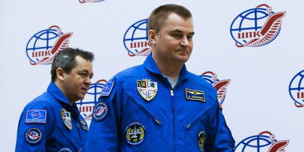 MOSCOW REGION, RUSSIA - SEPTEMBER 16, 2016: Russian cosmonauts Oleg Skripochka (L) and Alexei Ovchinin during a press conference in Zvyozdny Gorodok [Star City], Moscow Region. US astronaut Jeffrey Williams, Russian cosmonauts Alexei Ovchinin and Oleg Skripochka returned to Earth after spending 172 days in space aboard the International Space Station (ISS) on September 7, 2016. Artyom Korotayev/TASS (Photo by Artyom Korotayev\TASS via Getty Images)