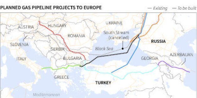 MIDEAST-CRISIS/RUSSIA-TURKEY-PIPELINE - Map showing the planned route for the TurkStream pipeline. Includes other planned gas pipeline projects to Europe. (SIN01)