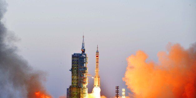 JIUQUAN, CHINA - OCTOBER 17: The Long March-2F rocket carrying Shenzhou 11 manned spacecraft blasts off from launch pad on October 17, 2016 in Jiuquan, China. A Long March-2F rocket, loaded with the Shenzhou 11 manned spacecraft, blasted off at 7:30 am from Jiuquan Satellite Launch Centre on Monday. The astronauts on this mission were Jing Haipeng and Chen Dong. (Photo by Zhu Jiutong/VCG via Getty Images)
