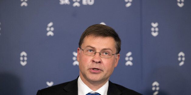 Valdis Dombrovskis, vice president of the European Commission, speaks during a press conference following a meeting of European finance ministers in Bratislava, Slovakia, on Friday, Sept. 9, 2016. Euro-area finance ministers signaled that the European Union would become more unified as it looks for fresh ways forward in the wake of a planned U.K. exit from the bloc. Photographer: Jasper Juinen/Bloomberg via Getty Images