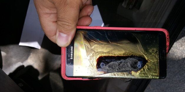 This Friday, Oct. 7, 2016, photo provided by Andrew Zuis, of Farmington, Minn., shows the replacement Samsung Galaxy Note 7 phone belonging to his 13-year-old daughter Abby, that melted in her hand earlier in the day.