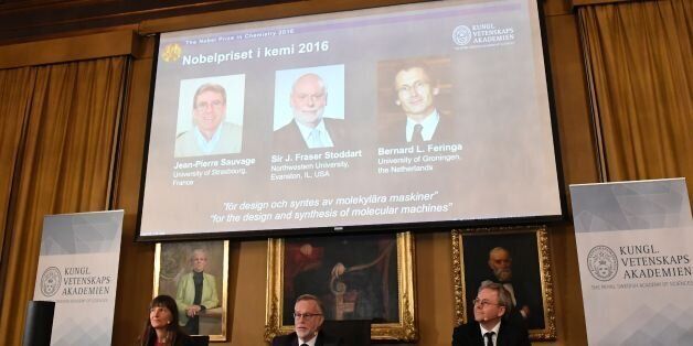 The winners of the 2016 Nobel Chemistry Prize (L-R) Jean-Pierre Sauvage, J Fraser Stoddart and Bernard L Feringa are announced by the Nobel Committee for Chemistry (L-R) Sara Snogerup Linse (Chairman)Professor of Physical Chemistry, Permanent Secretary of the Royal Swedish Academy of Sciences Goran K Hansson and Professor Olof Ramstrom during a press conference at the Royal Swedish Academy of Sciences in Stockholm on October 5, 2016. / AFP / JONATHAN NACKSTRAND (Photo credit should read JONATHAN NACKSTRAND/AFP/Getty Images)