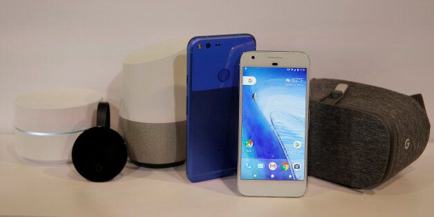 Shown is an assortment of Google's new products following an event Tuesday, Oct. 4, 2016, in San Francisco. Google launched an aggressive challenge to Apple and Samsung introducing its own new line of smartphones called Pixel, which are designed to showcase a digital helper the company calls