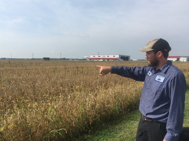 Will Hughes looks over 400 acres of organic soybeans at his family's farm in Janesville, Wisconsin. The farm has lost about $500,000 in income because of President Donald Trump's trade war with China.