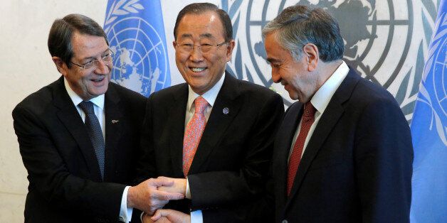 Cyprus President Nicos Anastasiades and Turkish Cypriot leader Mustafa Akinci attend a meeting with United Nations Secretary-General Ban Ki-moon at the United Nations in Manhattan, New York, U.S., September 25, 2016. REUTERS/Andrew Kelly