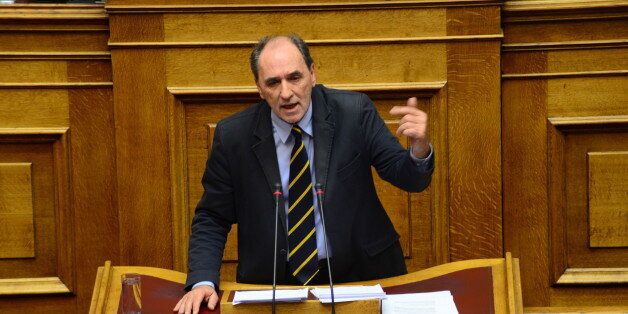 GREEK PARLIAMENT, ATHENS, GREECE - 2015/12/15: Minister of Economy, Development and Tourism Giorgos Stathakis addresses to the Greek parliament during the Prior Action Bill conversation. Greek Parliament with the affirmative vote of all 153 members of Syriza and Independent Greeks parties that form Greek Government adopted the new package of prerequisite measures (Prior Action Multi Bill). (Photo by Dimitrios Karvountzis/Pacific Press/LightRocket via Getty Images)
