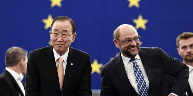 European Parliament President Martin Schulz (R) smiles as he stands next to UN Secretary-General Ban Ki-moon prior a voting session on the UN Climate Change agreement struck in Paris last year at the European Parliament in Strasbourg, eastern France, on October 4, 2016. The European Parliament overwhelmingly backed the ratification of the Paris climate deal, in a vote attended by UN chief Ban Ki-moon that paves the way for the landmark pact to come into force globally. / AFP / FREDERICK FLORIN (Photo credit should read FREDERICK FLORIN/AFP/Getty Images)