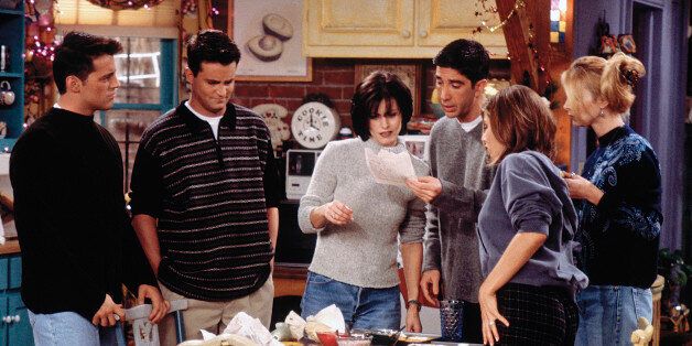FRIENDS -- 'The One with Phoebe's Dad' Episode 9 -- Pictured: (l-r) Matt LeBlanc as Joey Tribbiani, Matthew Perry as Chandler Bing, Courteney Cox Arquette as Monica Geller, David Schwimmer as Ross Geller, Jennifer Aniston as Rachel Green, Lisa Kudrow as Phoebe Buffay (Photo by Alice S. Hall/NBC/NBCU Photo Bank via Getty Images)