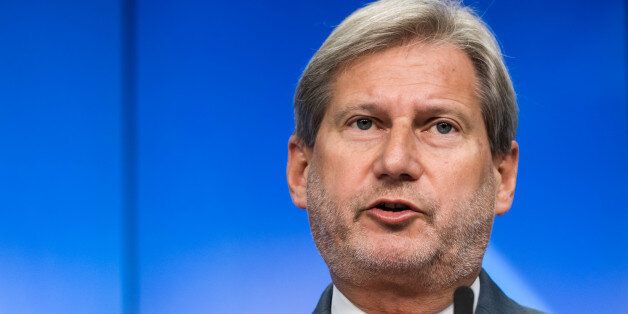 European Commissioner for European Neighborhood Policy Johannes Hahn addresses the media after an EU Turkey Accession Intergovernmental Conference at the EU Council building in Brussels on Thursday, June 30, 2016. (AP Photo/Geert Vanden Wijngaert)