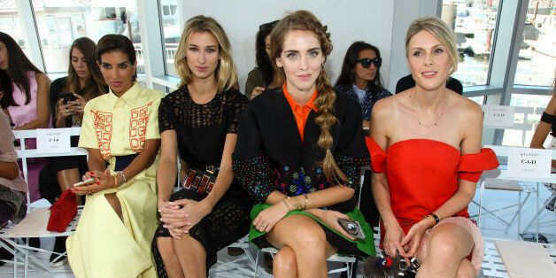 Deena Abdulaziz, from left, Lauren Remington Platt, Chiara Ferragni and Sofie Valkiers attend the New York Fashion Week Spring/Summer 2016 Delpozo fashion show on Wednesday, Sept. 16, 2015, in New York. (Photo by Andy Kropa/Invision/AP)