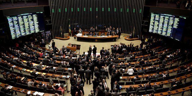General view of Brazil's Chamber of Deputies during the session that will decide whether or not to impeach the former president of the lower house, Eduardo Cunha, in Brasilia on September 12, 2016. / AFP / EVARISTO SA (Photo credit should read EVARISTO SA/AFP/Getty Images)