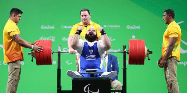 2016 Rio Paralympics - Powerlifting- Final - Men's 107kg Group A Final - Riocentro Pavillion 2 - Rio de Janeiro, Brazil - 14/09/2016. Pavlos Mamalos (C) of Greece reacts. REUTERS/Ueslei Marcelino FOR EDITORIAL USE ONLY. NOT FOR SALE FOR MARKETING OR ADVERTISING CAMPAIGNS.