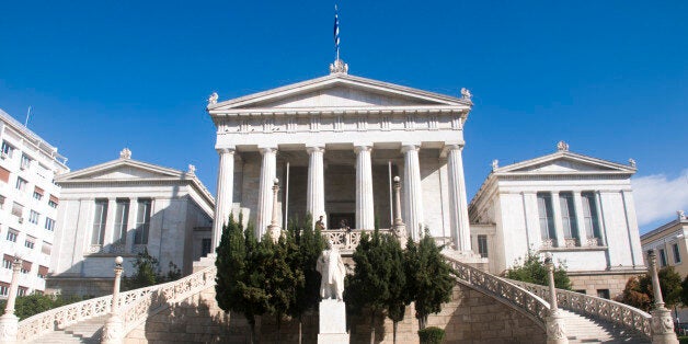 Exterior of the National Library of Greece, part of the architectural trilogy designed by Danish architect Theopil Hansen, Athens, Greece