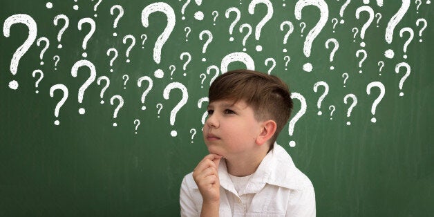 Little boy thinking surrounded question marks on chalkboard