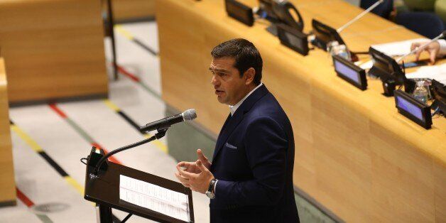 New York, NY. September 19, 2016: Prime Minister of Greece Alexis Tsipras speaks during a high-level meeting at the United Nations General Assembly Head Quarters in Manhattan, New York. (Photo by Mohammed Elshamy/Anadolu Agency/Getty Images)