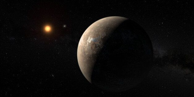 A hand out image made available by the European Southern Observatory on August 24 2016, shows an artist's impression of the planet Proxima b orbiting the red dwarf star Proxima Centauri, the closest star to the Solar System. The double star Alpha Centauri AB also appears in the image between the planet and Proxima itself. Proxima b is a little more massive than the Earth and orbits in the habitable zone around Proxima Centauri, where the temperature is suitable for liquid water to exist on its surface.Scientists on August 24, 2016 announced the discovery of an Earth-sized planet orbiting the star nearest our Sun, opening up the glittering prospect of a habitable world that may one day be explored by robots. Named Proxima b, the planet is in a 'temperate' zone compatible with the presence of liquid water -- a key ingredient for life. / AFP / EUROPEAN SOUTHERN OBSERVATORY / M. Kornmesser (Photo credit should read M. KORNMESSER/AFP/Getty Images)