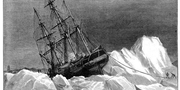 'Vintage engraving from 1878 showing HMS Terror trapped in the Ice. The Terror along with HMS Erebus was part John Franklin's expedition to the Arctic in 1845, where they became trapped in ice near King William Island and were abandoned in 1848.'