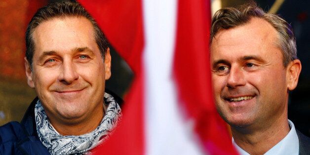Austrian far right Freedom Party (FPOe) party leader Heinz-Christian Strache (L) and Freedom Party's presidential candidate Norbert Hofer attend Hofer's final election rally in Vienna, Austria, May 20, 2016. REUTERS/Leonhard Foeger/File Photo TPX IMAGES OF THE DAY