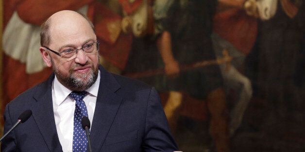 European Parliament President Martin Schulz talks to journalists during a joint press conference he held with Italian Premier Matteo Renzi at the end of their meeting in Rome's Chigi Palace government office, Friday, Feb. 12, 2016. (AP Photo/Alessandr Tarantino)