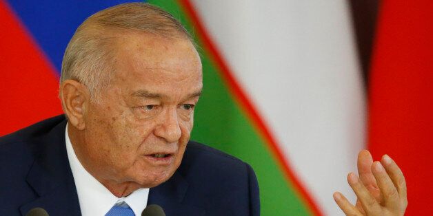 FILE In this Tuesday, April 26, 2016 file pool photo Uzbek President Islam Karimov speaks at a joint news conference with Russian President Vladimir Putin following their meeting in the Kremlin in Moscow, Russia. Uzbekistan's government has issued, Sunday, Aug. 28, 2016, an unusual statement announcing the hospitalization of President Islam Karimov, who has ruled the former Soviet republic in Central Asia for more than 25 years. (Maxim Shemetov/Pool Photo via AP, File)