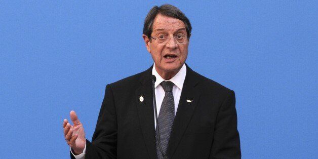 ATHENS, GREECE - SEPTEMBER 09: Greek Cypriot Leader Nikos Anastasiadis delivers a speech during a press conference after the Euro-Mediterranean Summit at Zappeion Palace in Athens, Greece on September 09, 2016. (Photo by Ayhan Mehmet/Anadolu Agency/Getty Images)