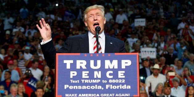 Republican presidential candidate Donald Trump speaks during a rally, Friday, Sept. 9, 2016, in Pensacola, Fla. (AP Photo/Evan Vucci)