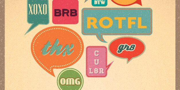 Most common used acronyms and abbreviations on retro style speech bubbles.