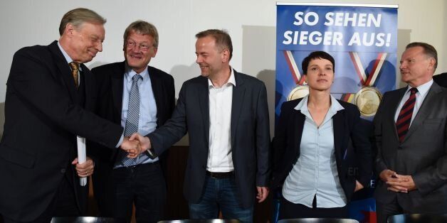 (L to R)Chair of 'Alternative for Germany' (AFD) in Lower Saxony Armin Paul Hampel, co-leader of AFD Joerg Meuthen, top candidate for the AFD in Mecklenburg-Western Vorpommern Leif-Erik Holm, leader of the AFD Frauke Petry and AFD's federal whip Georg Pazderski arrive for a press conference in Berlin, on September 5, 2016 on day after the regional state elections in Mecklenburg-Western Vorpommern.The right-wing populist Alternative for Germany (AfD) party clinched almost 21 percent in its first bid for seats in the regional parliament of Mecklenburg-Western Pomerania. / AFP / ODD ANDERSEN (Photo credit should read ODD ANDERSEN/AFP/Getty Images)