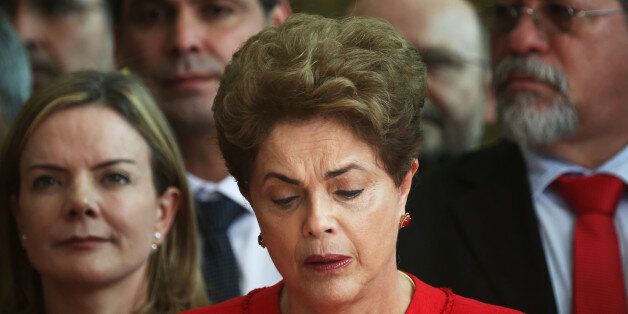 BRASILIA, BRAZIL - AUGUST 31: Impeached President Dilma Rousseff delivers her farewell address in Alvorado Palace on August 31, 2016 in Brasilia, Brazil. Rousseff was impeached by the Senate and is now permanently removed from office while being replaced by new President Michel Temer. (Photo by Mario Tama/Getty Images)