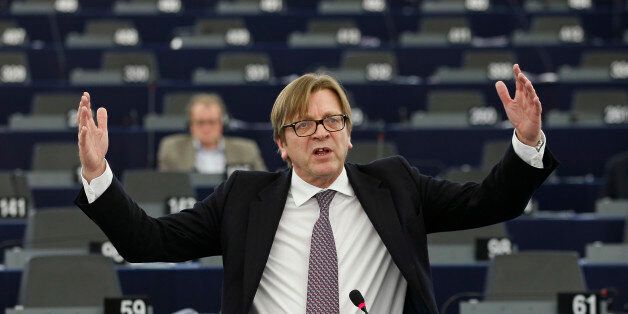 Guy Verhofstadt, President of the Group of the Alliance of Liberals and Democrats for Europe (ALDE), addresses the European Parliament during a debate on the situation in Ukraine in Strasbourg, February 5, 2014. REUTERS/Vincent Kessler (FRANCE - Tags: POLITICS)